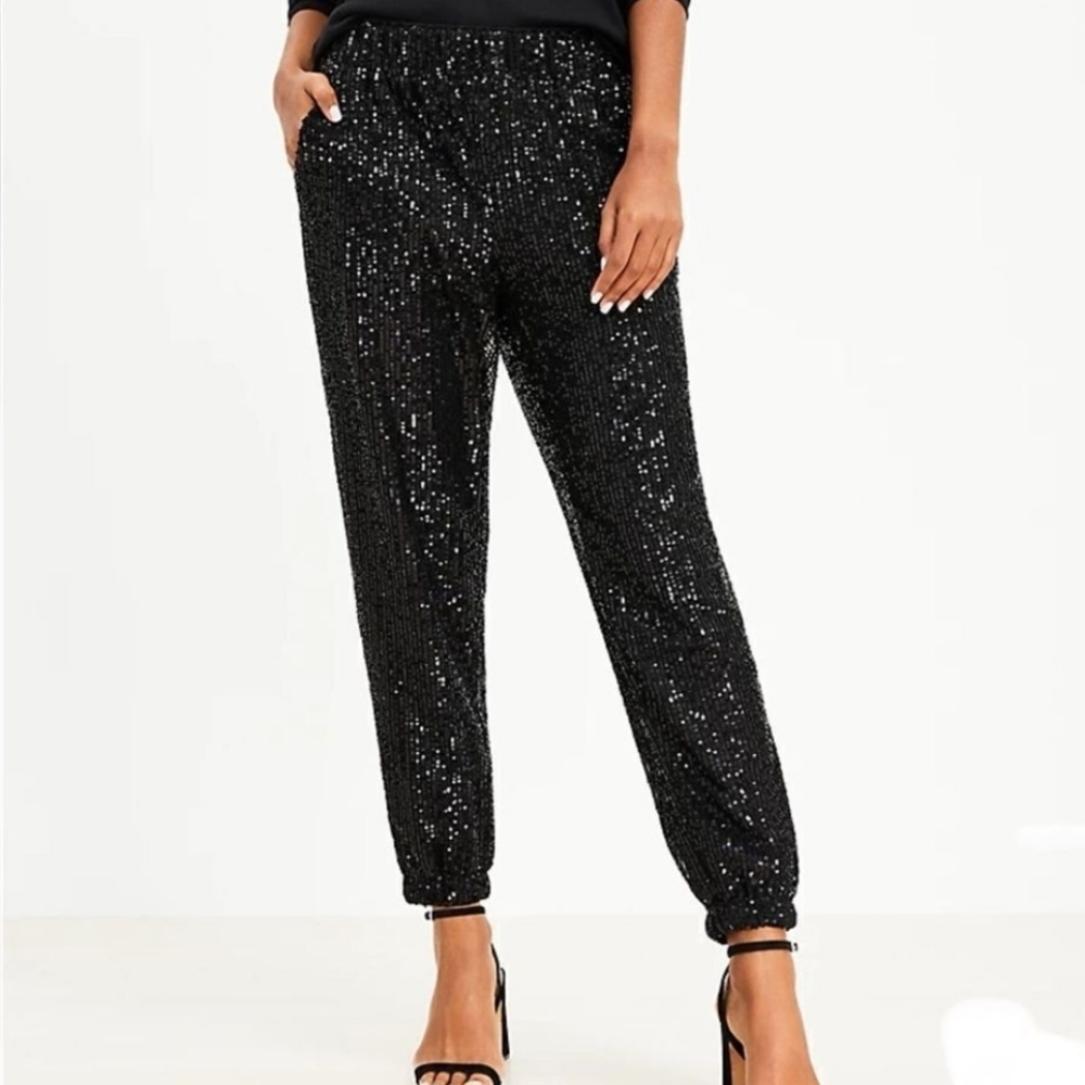 Loft Black Sequin Jogger Pant SzXS NWOT